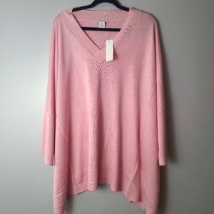 Joan Vass Pink Silk/Cashmere Ribbed V-Neck Shark Bite Hem Plus Size Sweater - 3X